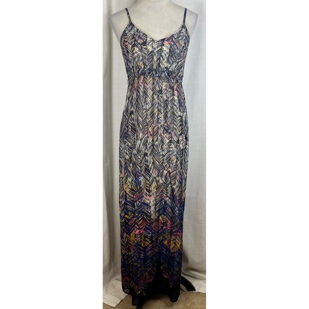 Charlie Jade Abstract Chevron Navy Boho Side Slit Tie Back Maxi Dress Women’s XS